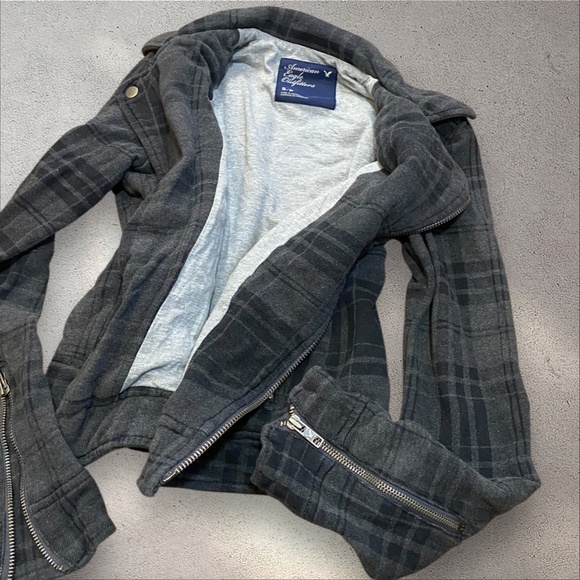 !! SOLD DO NOT BUY !!American Eagle Outfitters Dark Grey Plaid Moto Biker Jacket - Picture 2 of 7